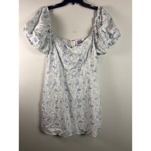 Francescas Floral Print Puff Sleeve Smocked Mini Dress White‎ Blue Sz XL NWT